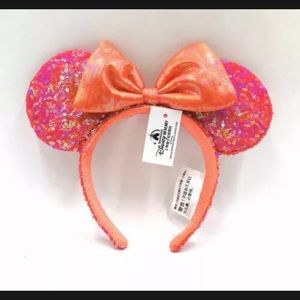 Minnie Ears Sequins Disney Parks Shanghai Orange Red Bow Exclusive Headband